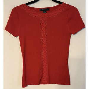 August Silk Women Small Silk Blend Ribbed Crochet Knit Top Quiet Luxury Chic Red